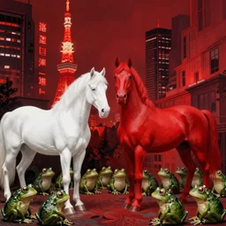 only with white, a red horse, tokio, a lot of frogs watch, in the style of beksinski, parts by edward hopper, parts by rodcenko, parts by yue minjun, intricate and epic composition, red by caravaggio, insanely quality, highly detailed, masterpiece, red light, artstation, 4 k