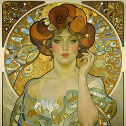 portrait of a woman in art deco style, gustav klimt, alphonse mucha