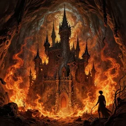 style artgerm, joshua middleton, arthur rackham, twisted castle in hell, very long wirey spires, fire swirling, detailed, cave setting, volumetric lighting