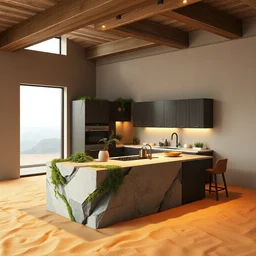 a island kitchen room made of rectangle tetris, made of moss and oasis, octane render, trending on artstation, on hard desert sand floor