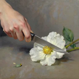 a knife cutting a flower, oil painting