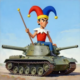 greg manchess side portrait of a filipino fighter wearing a jester hat sitting on a tank holding a staff, organic painting, sunny day, matte painting, bold shapes, hard edges, street art, trending on artstation, by huang guangjian, gil elvgren, ruan jia, randy vargas, greg rutkowski