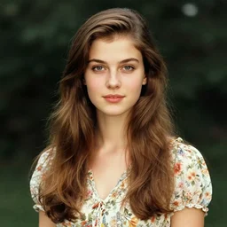 a beautiful portrait of a young woman with long brown hair wearing a floral dress, by greg hildebrandt