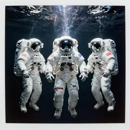 pure white astronauts in dark and empty void underwater - complex and hyperdetailed technical suit. reflection and dispersion materials. rays and dispersion of light. volumetric light. 5 0 mm, f / 3 2. noise film photo. flash photography. ultra realistic, wide angle. poster by wayne barlowe, hajime sorayama aaron horkey, craig mullins. polaroid.