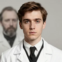 close up photo portrait of a 19th young male detective in a medical coat by Diane Arbus and Louis Daguerre