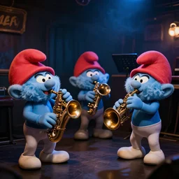 smurfs playing musical instruments in a dark smokey jazz club