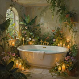 painting of an interior of a bath house with candles, fantasy, lush plants and flowers, natural light, concept art, by greg rutkowski and craig mullins, cozy atmospheric and cinematic lighting, trending on artstation