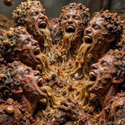 lumpy organic matter in the style of tool album art, bodies piled and fused together, faces stretching in pain groaning, pure gluttonous mush, 8 k, ultra realistic, cinematic
