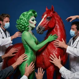 snapshot by ryan mcginley david armstrong only with green drag queen in love with a red stallion too many hands in all directions doctors mask in the style of gottfried helnwein chiaroscuro intricate composition blue l insanely quality highly detailed masterpiece red light