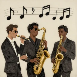 3 jazz musicians, head and shoulders playing with musical notes as abstract art in the style of Stuart Davis,shading, matte illustration
