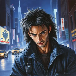 1 9 9 5 box art. netrunner cyberdeck. sly expression. on the streets of future la. character class. keith parkinson. oil on canvas. and you ask, what are we doing?