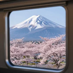 a photo of mount fuji, japanese landscape, sakura trees, seen from a window of a train. beautiful!!!