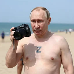 putin at the beach. had a tattoo of the letter z on his bare chest. canon eos r 3, f / 1. 4, iso 2 0 0, 1 / 1 6 0 s, 8 k, raw.