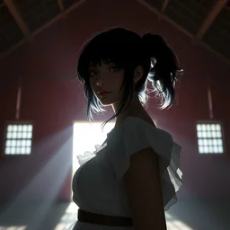 a young woman in!! the shadow! of a red barn!. black hair, white! dress, sharp focus, wide angle, digital art by eddie mendoza and andrei riabovitchev, final fantasy, radiant light, intricate details, trending on artstation