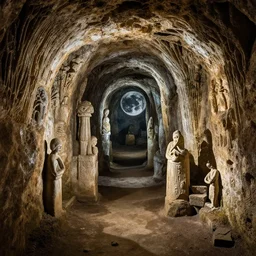 surrealist collage art of underground catacombs