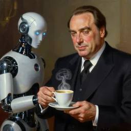 Silvio Berlusconi serving coffee to an robot, digital painting, artstation, concept art, donato giancola, Joseph Christian Leyendecker, WLOP, Boris Vallejo, Breathtaking, 8k resolution, extremely detailed, beautiful, establishing shot, artistic, hyperrealistic, beautiful face, octane render, cinematic lighting, dramatic lighting, masterpiece