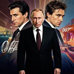 putin as james bond 0 0 7, cinestill 8 0 0 t, medium shot, full, film still, shaded lighting poster by robert mcginnis, and michael garmash, rob rey and kentaro miura style, trippy