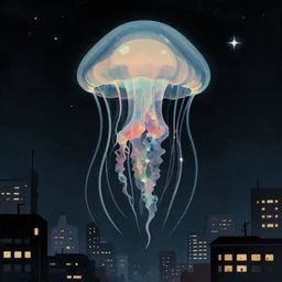 retro dark vintage sci-fi, 2D matte illustration, huge jellyfish hanging above city under night sky, art by Szukalski, Beksinski