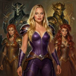 Margot Robbie as Teela from Masters of the Universe, by Greg Rutkowski and John Collier and Krenz Cushart and Artem Demura and Alphonse Mucha and Albert Aublet, as seen on ArtStation, 4k, dungeons and dragons, very aesthetic, very detailed, intricate, unreal, fantasy, dramatic, painterly, artstation, sharp focus, smooth