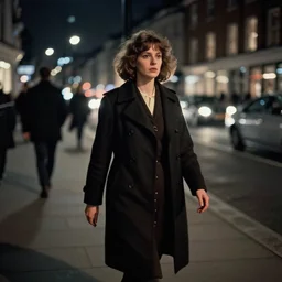 woman walking through the city at night. hyper detailed. socialist realism. beautiful and eerie. london 1 9 6 0 s
