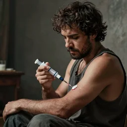 homeless man injecting heroin into his arms