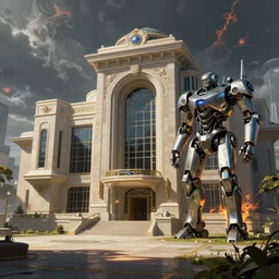 Futuristic police station. By Frank Lloyd Wright, concept art, inrincate, sharp focus, digital painting, unreal engine, cgsociety, neoclassical, mech, robot, fractal flame, cinematic, highly detailded