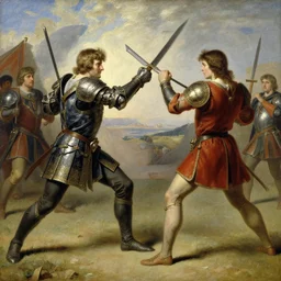 attractive arthur pendragon and attractive lancelot, do some mock battle for training. highly detailed painting by gaston bussiere, craig mullins, j. c. leyendecker 8 k