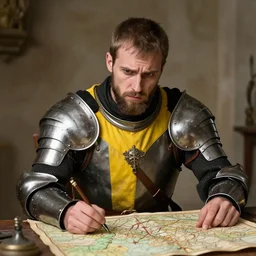 Portrait of frustrated and acerbic male medieval sergeant with a short beard wearing a {black and yellow tabard} over a steel breastplate and a black gambeson looking at a war map on a table, by Greg Rutkowski, {perfect face}, {perfect eyes}, fantasy