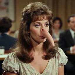 1983 woman on a talk show show with a long prosthetic snout nose, big nostrils, wearing a dress, 1983 French film color archival footage color film 16mm Fellini Almodovar John Waters Russ Meyer movie still