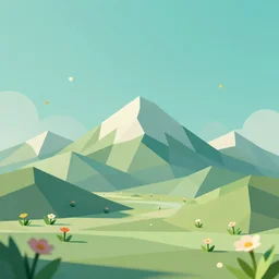3 d render, mountain landscape, digital art, low poly art, minimalist, flowers, teal sky, lowpoly landscape, particles floating, unreal engine, dreamy, bokeh, bounce light, sunny, complementary palette