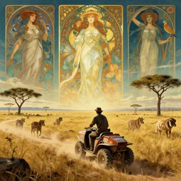 a concept designed by dolorean driving through african savanna, artgerm and greg rutkowski and alphonse mucha, an epic fantasy, volumetric light, detailed, establishing shot, an epic fantasy, trending on art station, octane render, midsommar