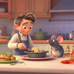 Stuart Little and Remy from Ratatouille on the kitchen counter cooking dinner, bright, colorful, food