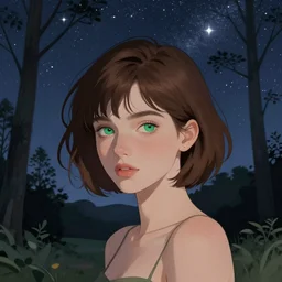 pretty girl with short brown hair and green eyes, beautiful trees and night sky with stars and galaxies, trending on artstation