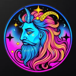 round sticker art of a multicolored realistic gemini, trippy steampunk style, 8 k, fluorescent colors, insanely integrate