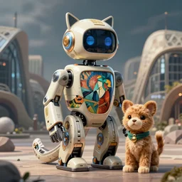 product photo of a futuristic cut stylized pet robot by artgerm and greg rutkowski and alphonse mucha, zaha hadid, cat dog teddy mix, volumetric light, detailed, octane render, midsommar