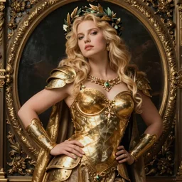 beautiful rugged sultry thick elle fanning, blonde hair, wearing blonde armour, posing seductive, seductively, ornate wreath, oil painting by titian, hard focus, portrait