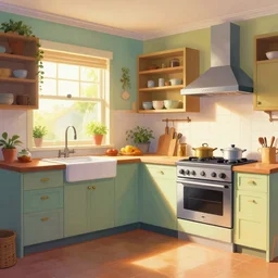 a beatiful kitchen, extremely detailed, sharp focus, wide view, smooth, digital illustration, colorfull, by william turner art, by greg rutowski
