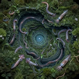 the omni gelatinosis, hatchlings, interwoven lush layered biomechanical, onscientia, phantastica, aliena, nudibranch, squidworm in symbiosi crusta, uspaceship nocturno pellucens, cerebri, mollis, exesa, artificia, vortices micro water,, fluida, by peter mohrbacher
