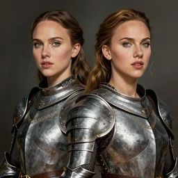 full colour engraving full figure portrait of natalie portman and scarlet johansson, in medieval armoury, painted by alphonse mucha, albrecht durer, jean delville, alphonse mucha, jan van eyck, da vinci