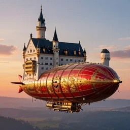 airborne steampunk dirigible zeppelin that strongly resembles neuschwanstein castle and frauenkirche dresden, resembling aircaft carrier, imperial bavarian and prussian, red and gold and black, dieselpunk, german baroque, napoleonic, floating above 1 8 5 0 s bavaria, gorgeous sunset by david levy vyle art, artstation