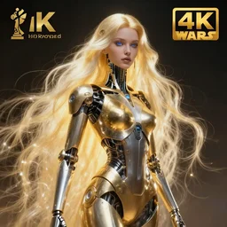 gold and silver tones, star wars cybernetic princess, style of moebius, james jean, mcbess, long glowing ethereal hair, cinematic, highly detailed, award winning, 8 k photorealistic