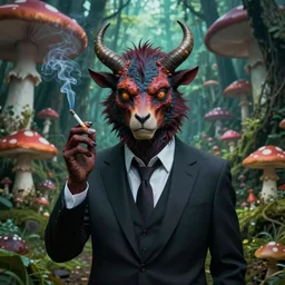 a centered chest up portrait of a psychedelic demonic anthropomorphic forest animal in a suit smoking a hand - rolled cigarette smoking heavily, magic mushroom village in background. award winning. superb resolution. in the art style of junji ito and greg rutkowski. detailed mushroom city in background. hyper realistic anime. perfect art. dalle 2