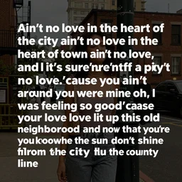 ain't no love in the heart of the city ain't no love in the heart of town ain't no love, and it's sure'nuff a pity ain't no love,'cause you ain't around when you were mine oh, i was feeling so good'cause your love lit up this old neighborhood and now that you're gone you know the sun don't shine from the city hall to the county line