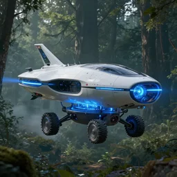 futuristic levitating luxury personal spaceship hovering above rover designed by apple flying over the forest art by greg rutkowski and paul ozzimo, epic fantasy scifi blue light engine volumetric light detailed raytracing unreal engine digital art matte painting trending on artstation deviantart octane render,