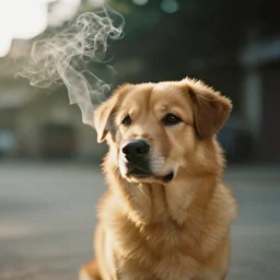 photo of Shibu Inu smoking, 35mm, f/1.4, Golden Hour light, ,