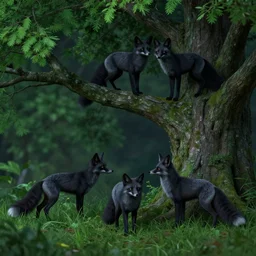 three black foxes in a lush green tree at night, perspective from below, trending on ArtStation, concept art, cgsociety, octane render, trending on artstation, artstationHD, artstationHQ, unreal engine, 8k