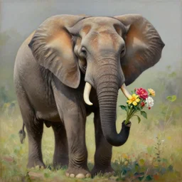 elephant holding flowers in its trunk, oil on canvas, intricate, portrait, 8 k highly professionally detailed, hdr, cgsociety