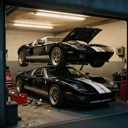 2006 garage, japanese, parts strewn around tools red tool box. black 2022 Ford GT on lift removed hood. Warm fluorescent lighting. Bladerunner 2049 (muted colors) scene. artstation trending. 45mm camera photo 2017. Street racer garage tokyo dull colors.