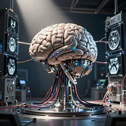 brain in a vat, brain computer interface, connected to a supercomputer, wires, BCI, industrial design, MRI, radiography