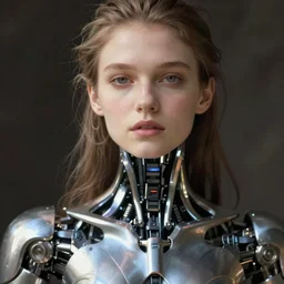 close - up portrait of beautiful young woman with cybernetic dress, art by bettina rheims